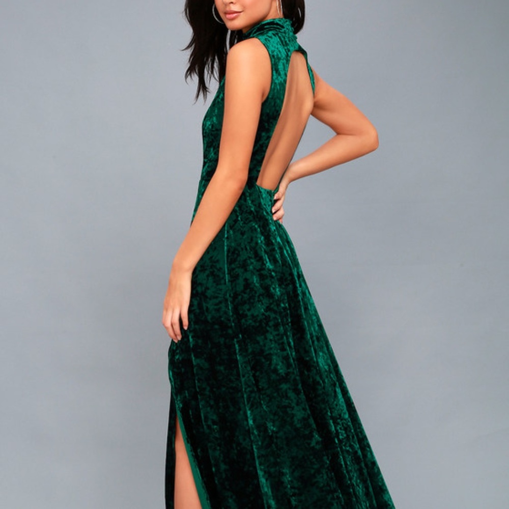 In the Louvre Forest Green Velvet Backless Maxi Dress